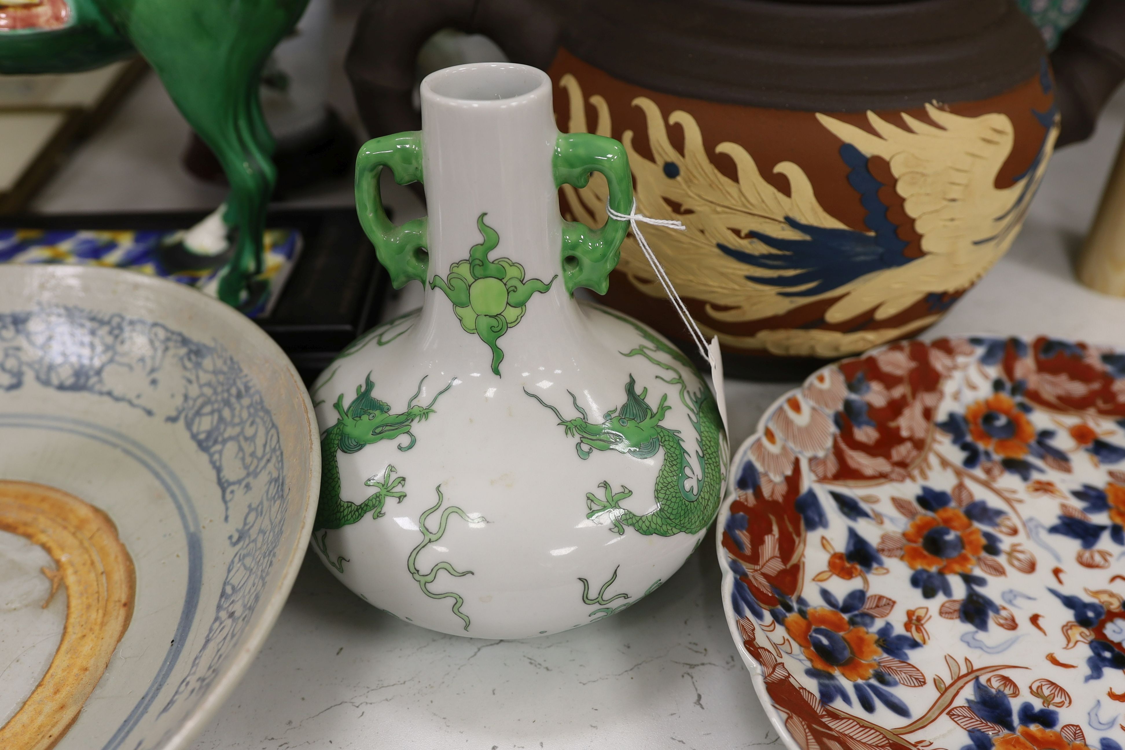 Various Chinese ceramics including a horse model, pair of horse vases, a dragon vase, a blue and white dish, large teapot, and an Imari plate (7)